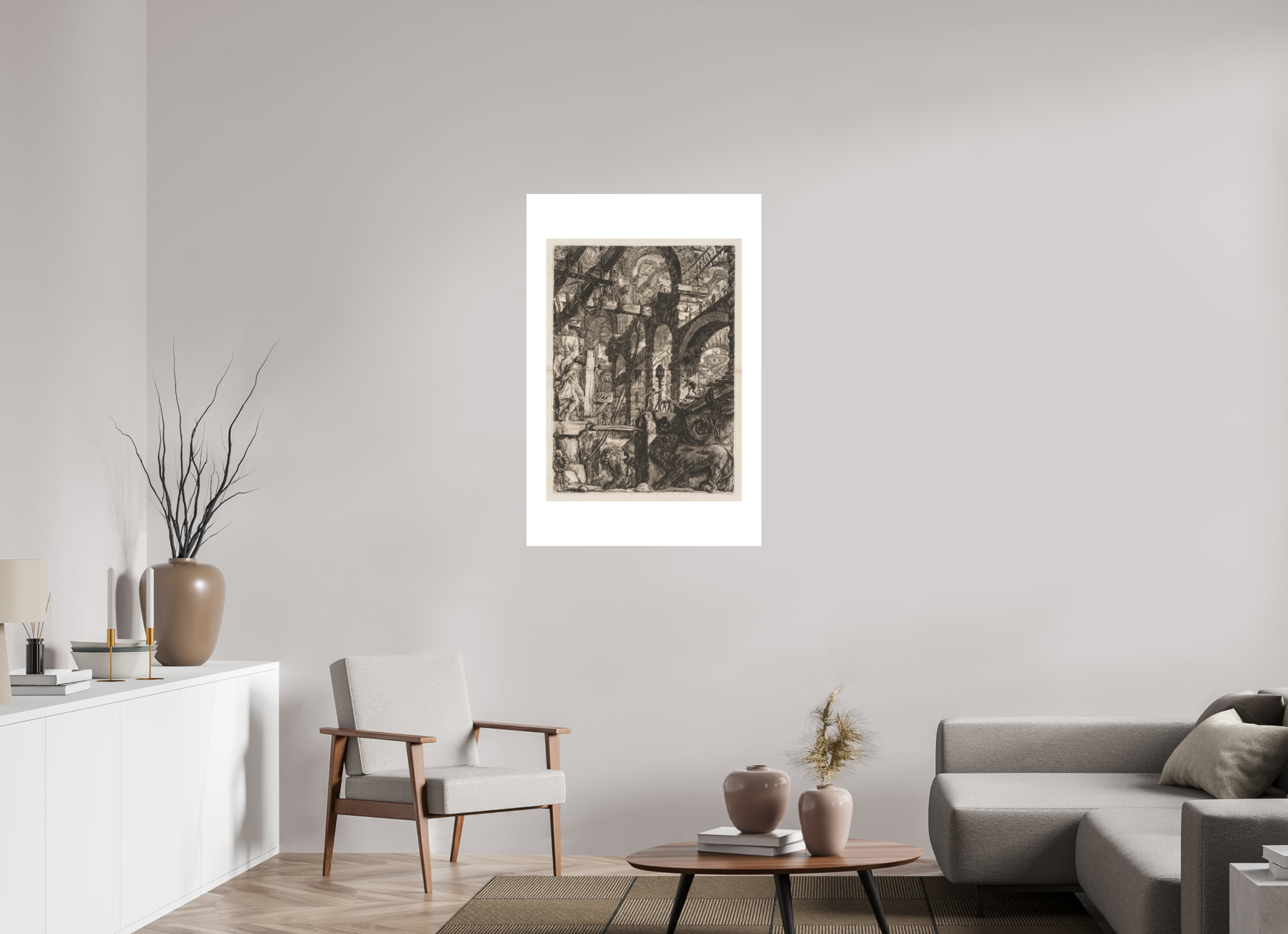 30 x 45″, Collector Print - German Etching - 30 x 45 Piranesi / The Prisons: A Perspective of Roman Arches, with Two Lions Carved in Relief on Stone Slabs in the Foreground — Collector Print